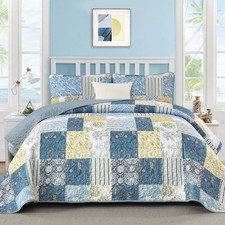 Quilt Set King Size, Blue Yellow Patchwork Pattern Summer Bedspread Bedding S...
