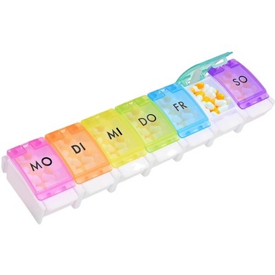 7-day pillbox with snap-button pop-up lid and individual compartments, weekly...