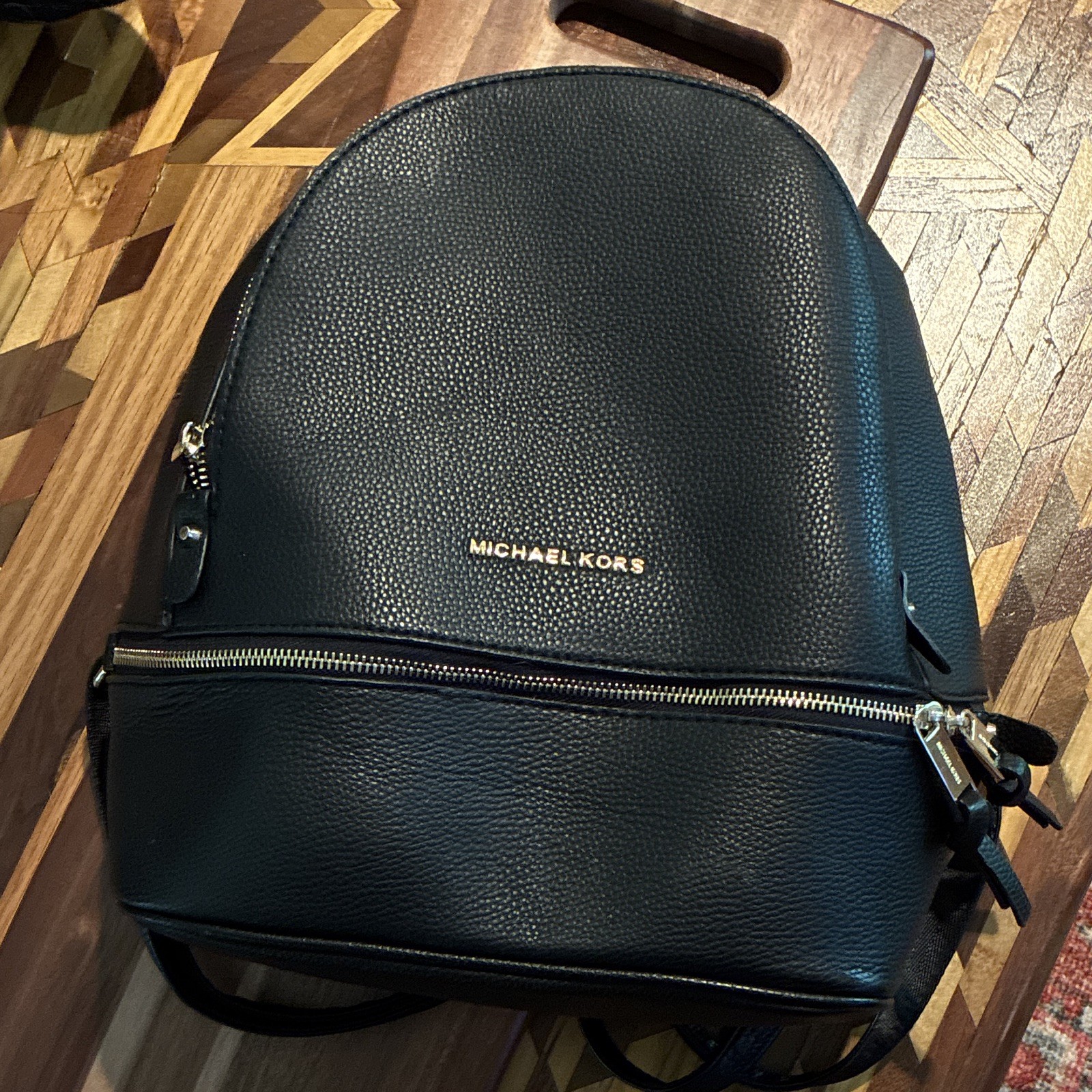Michael Kors Black Pebbled Backpack Gold Hardware Zip Closure Lined Pockets