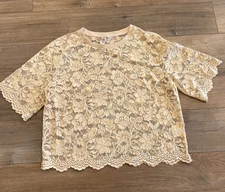 Anthropologie Dolan Lace Top Women's Sz L Cream Floral Scalloped Short Sleeve