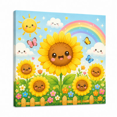   Cute Kawaii Sunflower Canvas Wall Art Kids Nursery Rainbow Decor Painting