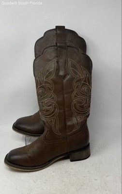 Rollda Mens NZX36 Brown Leather Mid-Calf Pull-On Cowboy Western Boots Size 9