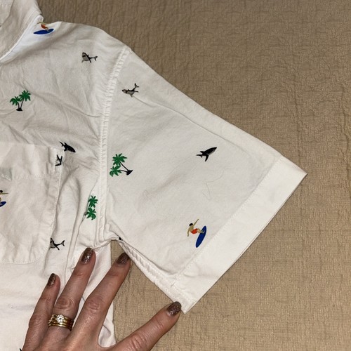 GAP Kids Shirt Boys Size XXL (14-16) White Button Down Surf Palm Trees Sharks - Picture 7 of 8