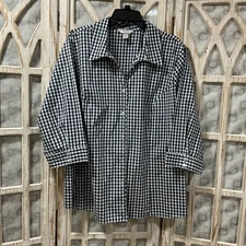 CJ Banks Dark Blue Checked 3/4 Sleeve Button Down Shirt Plus Size 3