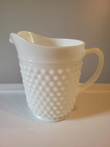 Hobnail White Milk Glass Pitcher 8" Tall - Vintage 65oz