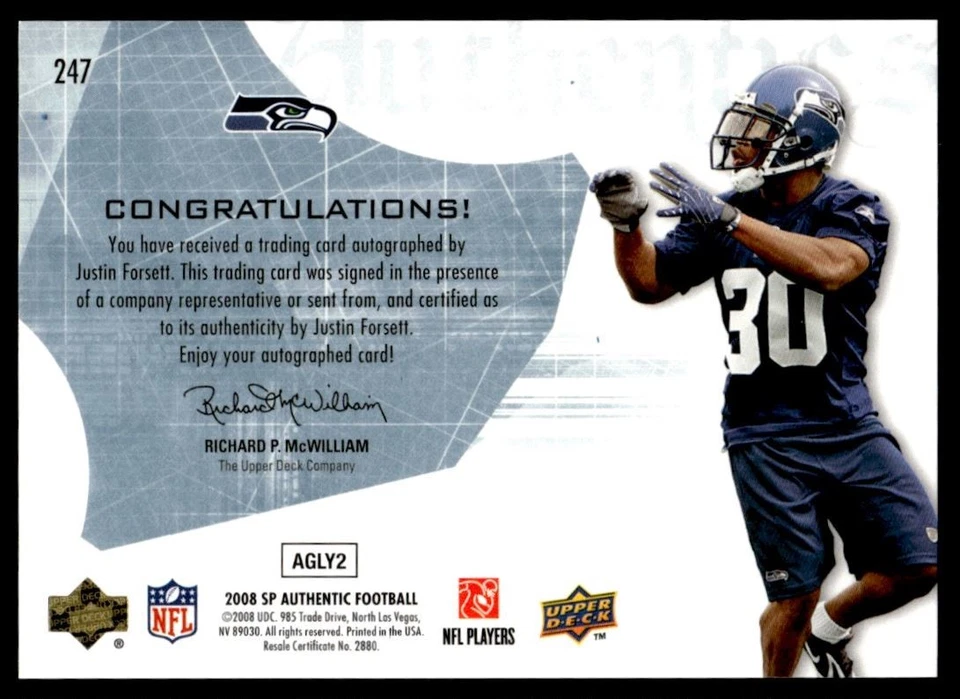 2008 SP Authentic Justin Forsett Rookie Auto /999 Seahawks #247 A1 - Image 2 of 2