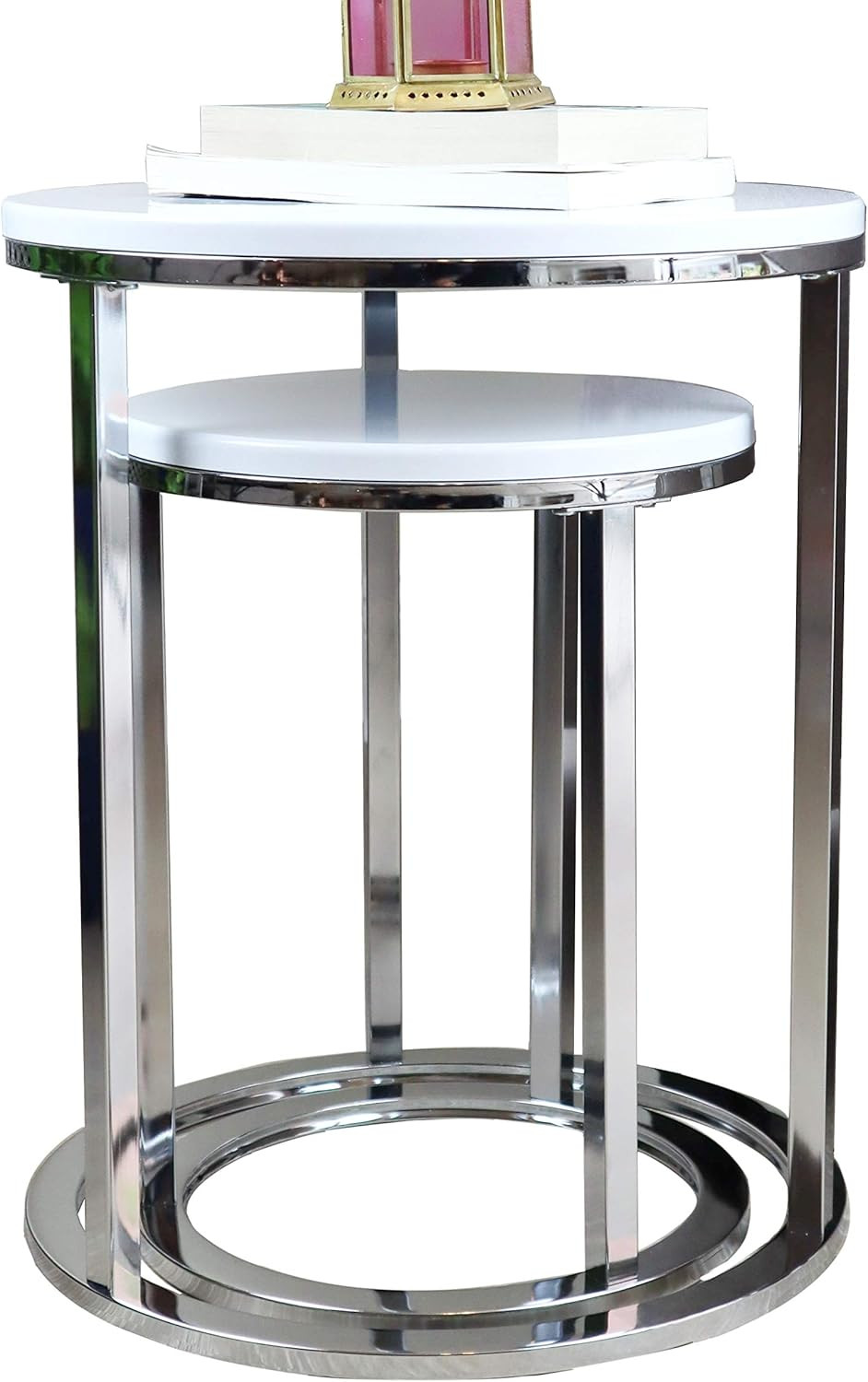 ASPECT Paloma Set of 2 round Nesting Table,Glossy White/Chrome