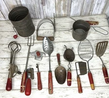 Large Lot Antique (15) Pieces Kitchenware Red Handle Country Display Utensils