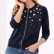 C.D. Daniels Blue White Floral Embellish Zip Cardigan 3/4 Sleeve Women's Size XL