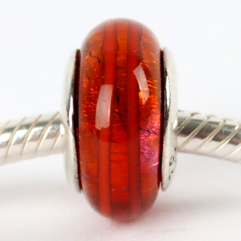 QG 925 Sterling Silver Red Orange Murano Glass Bead Charm Translucent