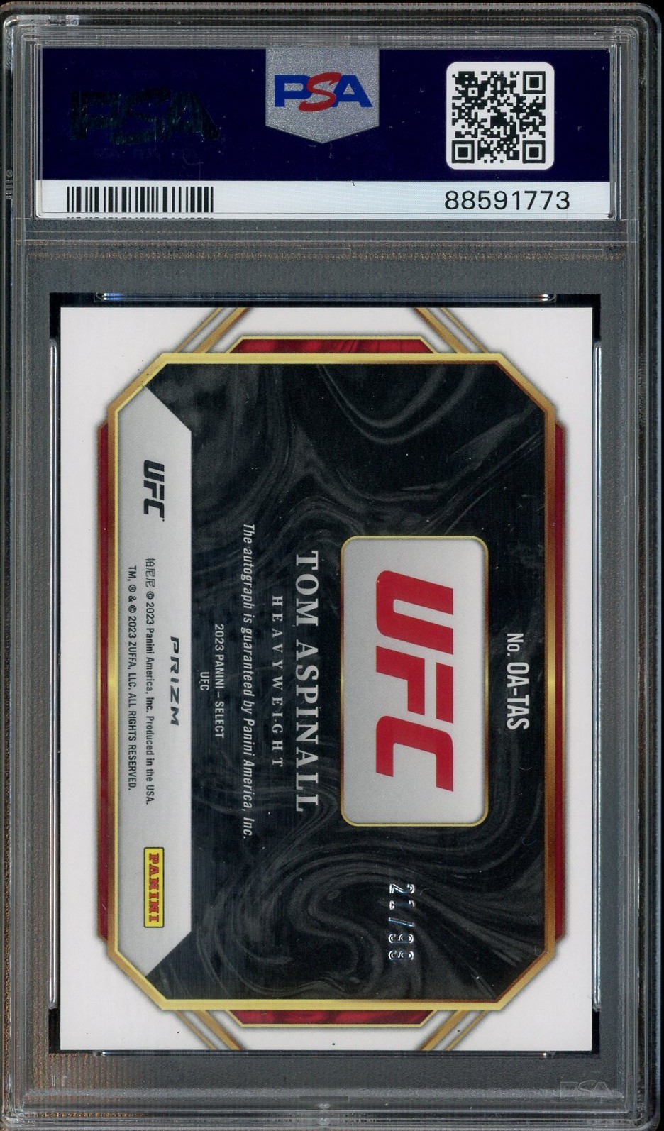 2023 Panini Select UFC Octagon Action Red Prizm Tom Aspinall AUTO 21/99 PSA 10 view 2
