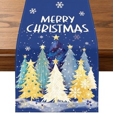 72 x 13 Inch Christmas Table Runner   Navy Blue Linen Table Runner with Gold,Tre
