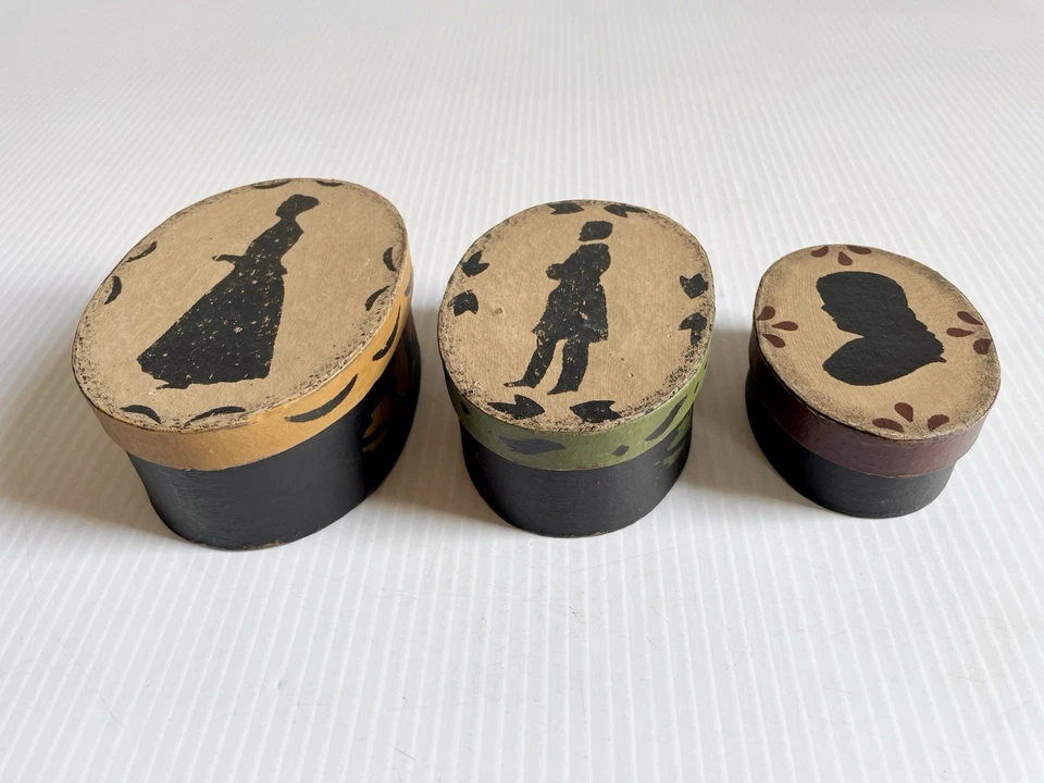 Set Of 3 Oval Nesting Boxes Silhouettes Floral Hand Painted Stacking Storage Box - Image 2 of 4