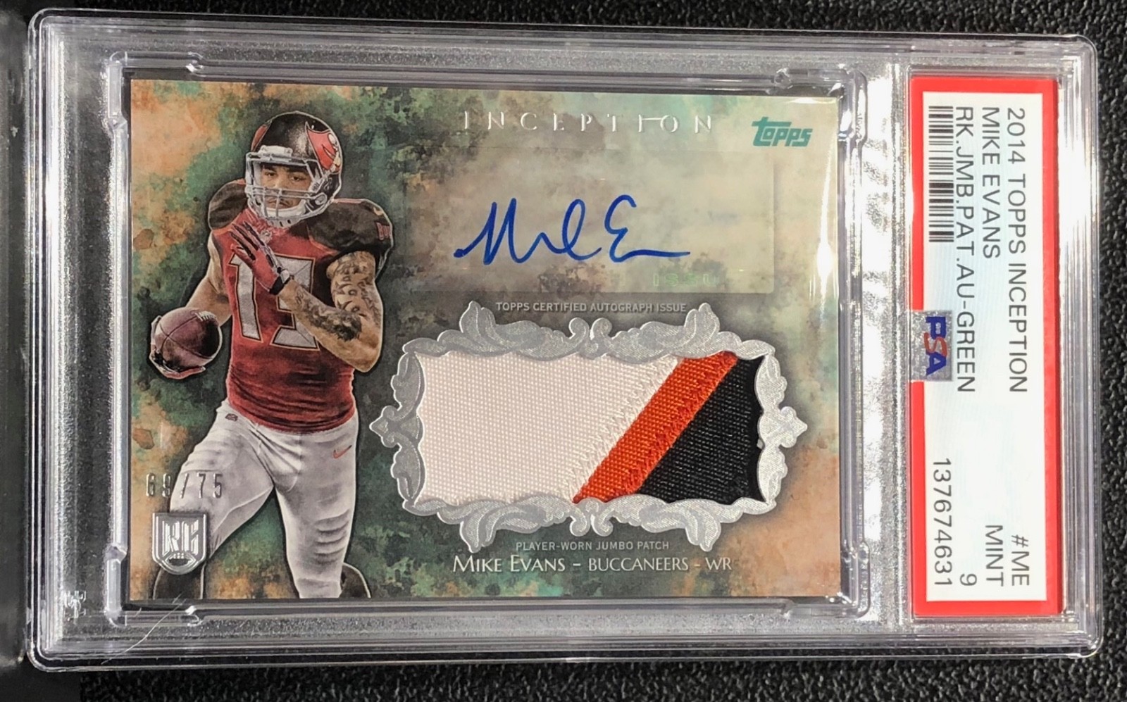 2014 TOPPS INCEPTION MIKE EVANS, #IAJP-M, ROOKIE, AUTO, 3 CLR JUMBO PATCH, #/75