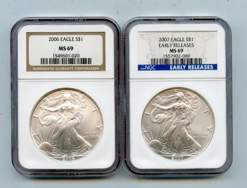 2006 & 2007 MS69 NGC BU SILVER EAGLE .999 1 OZ. COINS!!