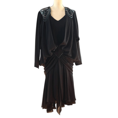 Vintage 80 s Casadei 20 s Inspired Beaded Black Cocktail Dress 8
