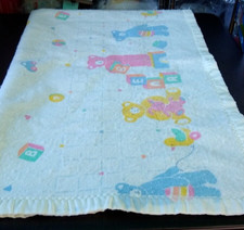 Vintage Baby Blanket White Satin Trim 44x38 Bears Bunnies Pink Blue Yellow Ducks