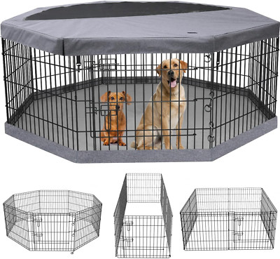 Foldable 8-Panel Metal Dog Playpen with Top Cover & Bottom Pad, 24'' H