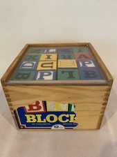 Vintage 48 Wood Alphabet Letter Blocks in Wooden Storage Box Complete Set NICE 
