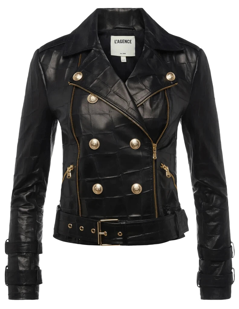 NEW L'Agence Billie Belted Leather Jacket in black/Gold buttons
