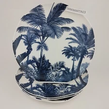 Set of 4 Red Vanilla Paradise Palm Trees Tropical 8" Salad Side Snack Plate Blue