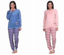 Damen Frottee Pyjama Knopfleiste, Herz-Applikation, Hose in Ringel-Optik, 69622