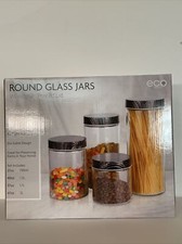 Round Glass Jars 4 Pack Woodgrain Printed Lid FOUR BRAND NEW IN BOX