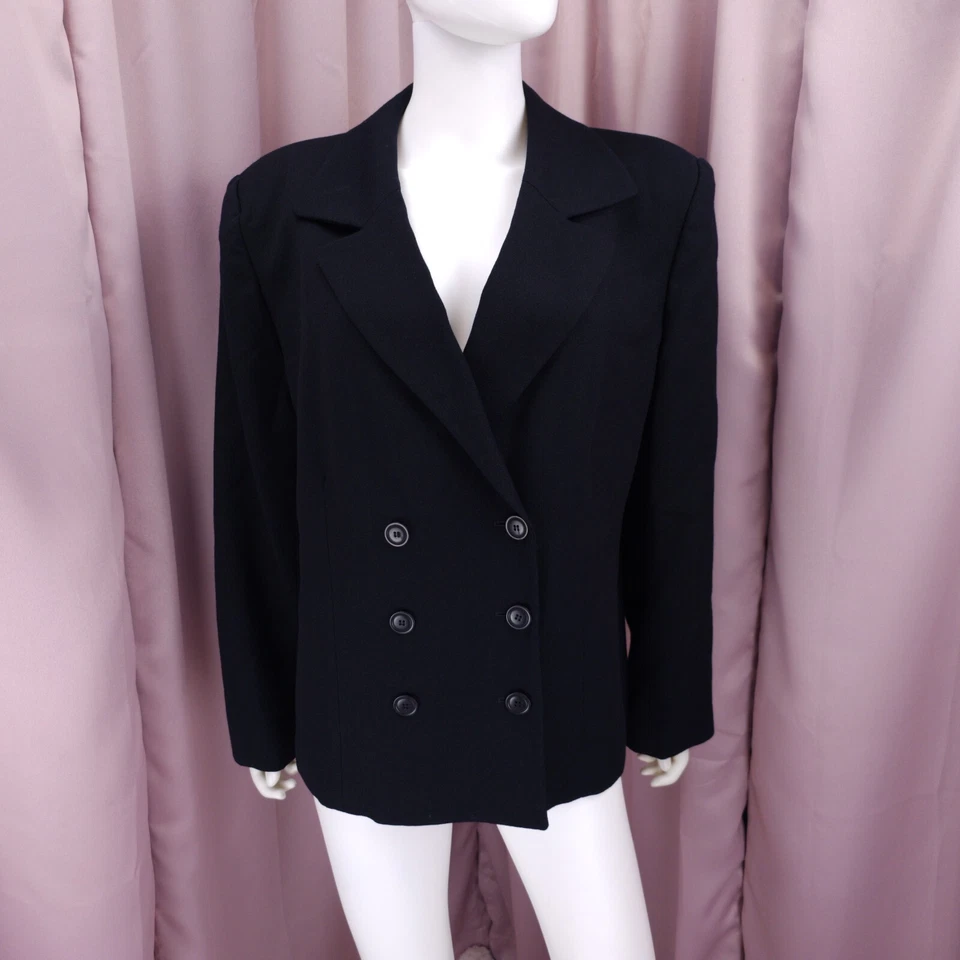 '90s Y2K Rena Rowan Women's Black Wool Double Breasted Blazer Jacket 16W - Image 2 of 4