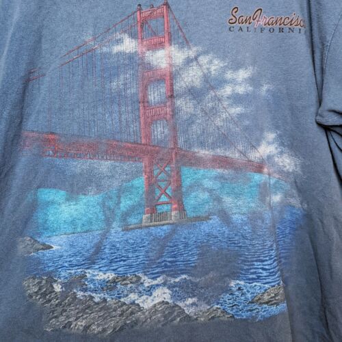 Golden Gate Bridge San Francisco Vintage Y2K Fog Bay Faded T Shirt Blue XL - Picture 2 of 6