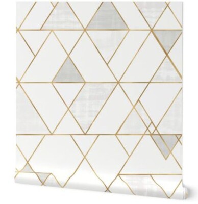 5 rolls Spoonflower wallpaper peel + stick (NEW) Mod Triangles white/gold-2'x12'