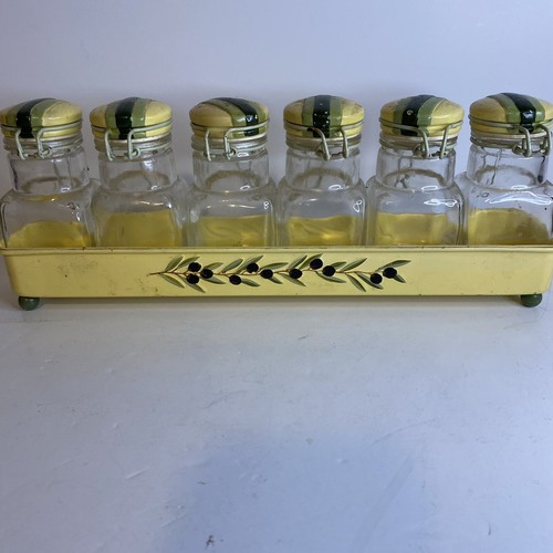 6 Vintage Yellow Green Pottery Lid Glass Canister French Country Farmhouse - Picture 3 of 23