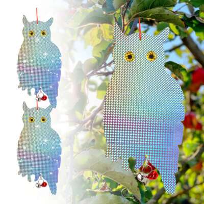 2 Fake Owl Decoy Scare Garden Hanging Reflective Bird Pigeon Repellent Deterrent