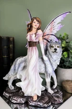 Purple Winged Fairy with Lone Wolf 10.5 Inch Collectible Figurine