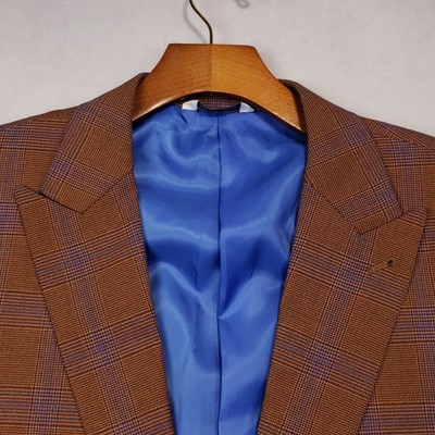 Kilburne & Finch Sport Coat Mens 46L (Fits 46R) Brown Blue Windowpane Peak Lapel