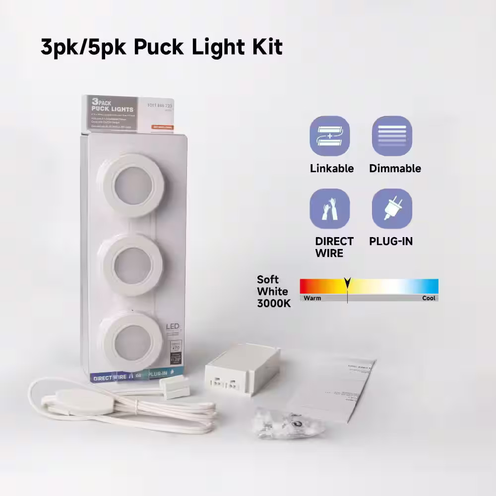 Plug-In 3-Light White Dimmable Integrated LED Under Cabinet Puck Light w/ J-box