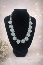 Aqua Blue Statement Necklace Silver Tone Face...