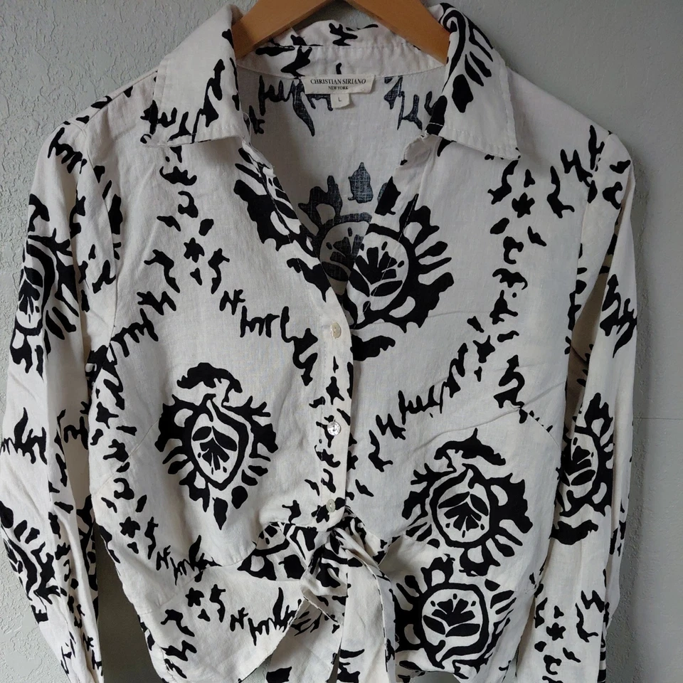 Christian Siriano Mujer Talla Grande Estampado Blanco y Negro Lino Corbata Detalle Frontal Foto 4 de 4