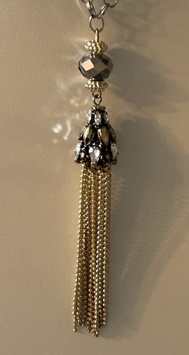Silver & Gold Toned Necklace With Tassels & Rhinestones 33 Inches & 4.75in Drop - Picture 8 of 15