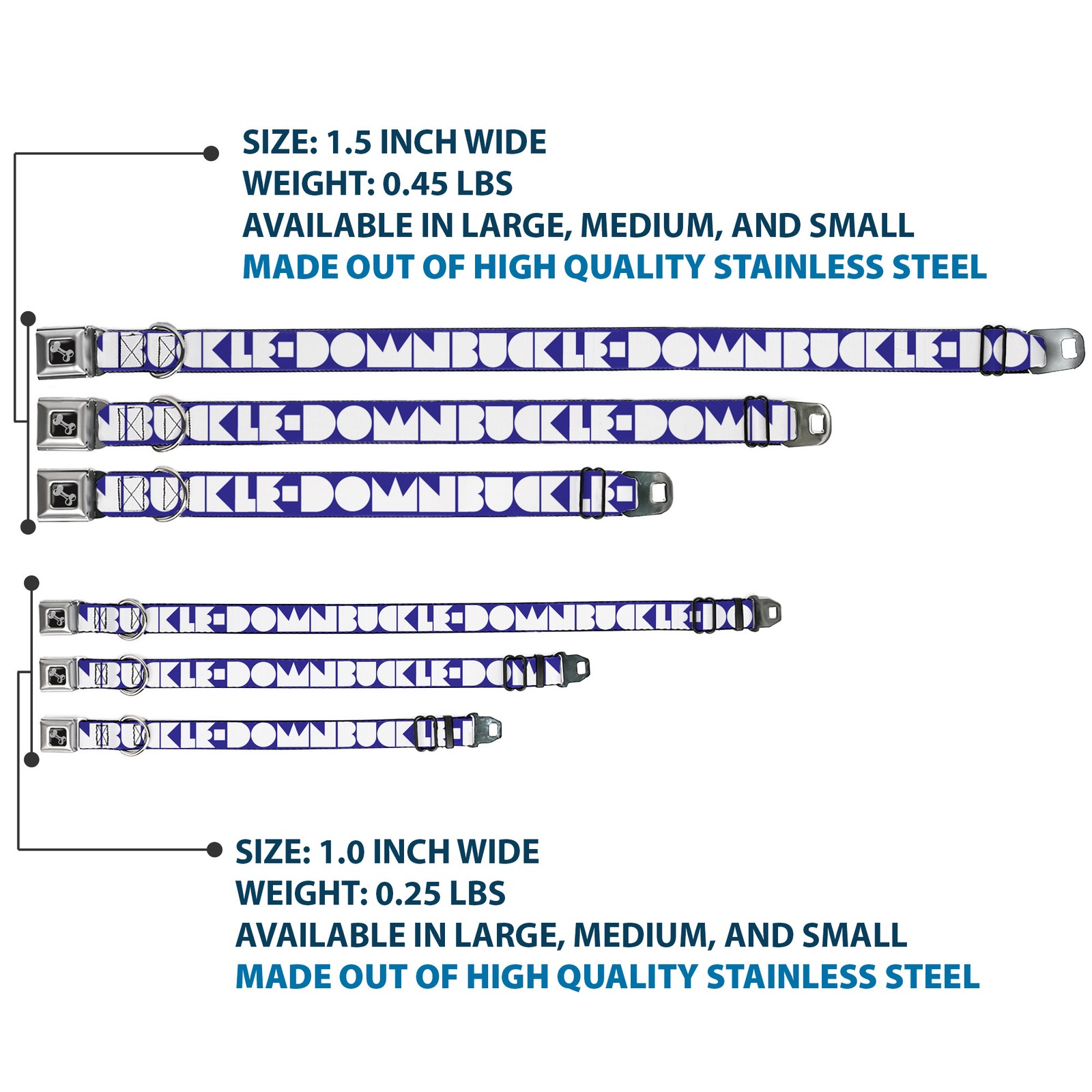 Dog Collar Bone BUCKLE-DOWN Shapes Blue/White WIDE-Large 20-31"