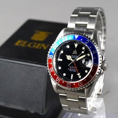 ELGIN GMT Diver 200m FK-1028-C Herrenuhr 40mm Vintage neue Batterie mit Box