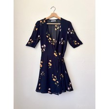 Reformation Navy Blue Floral Mini Wrap Dress- Size Small, Cotton Crepe
