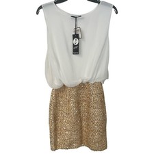 NWT Boohoo Mini Dress Ivory Chiffon Gold Sequin 2 in 1 Bodycon Dress Size 6