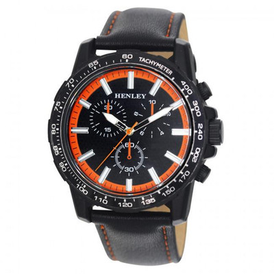 Herren Sportuhr Satin Schwarz mit Orange Naht Kunstlederarmband