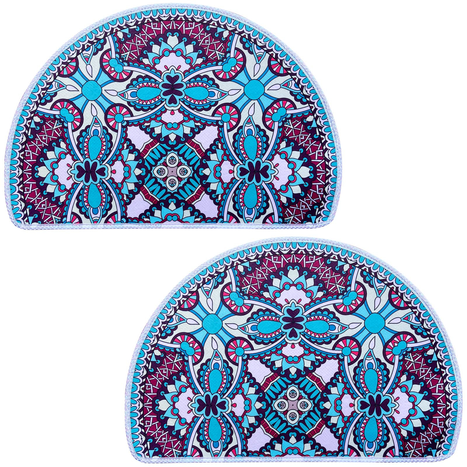 Boho Green & Brown Flowers Non-Slip Half Round Bath Mat Set of 2  