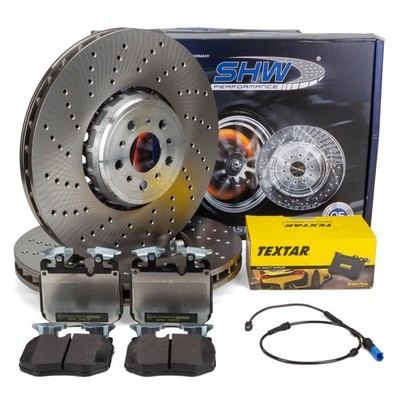 SHW Bremsscheiben + TEXTAR Bremsbeläge + Sensor für BMW X3M F97 X4M F98 vorne