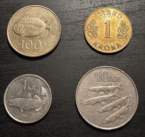 Iceland 4 Coin Lot 1 Króna, 10 Krónur & 100 Krónur 1974-2011 Cu-Ni