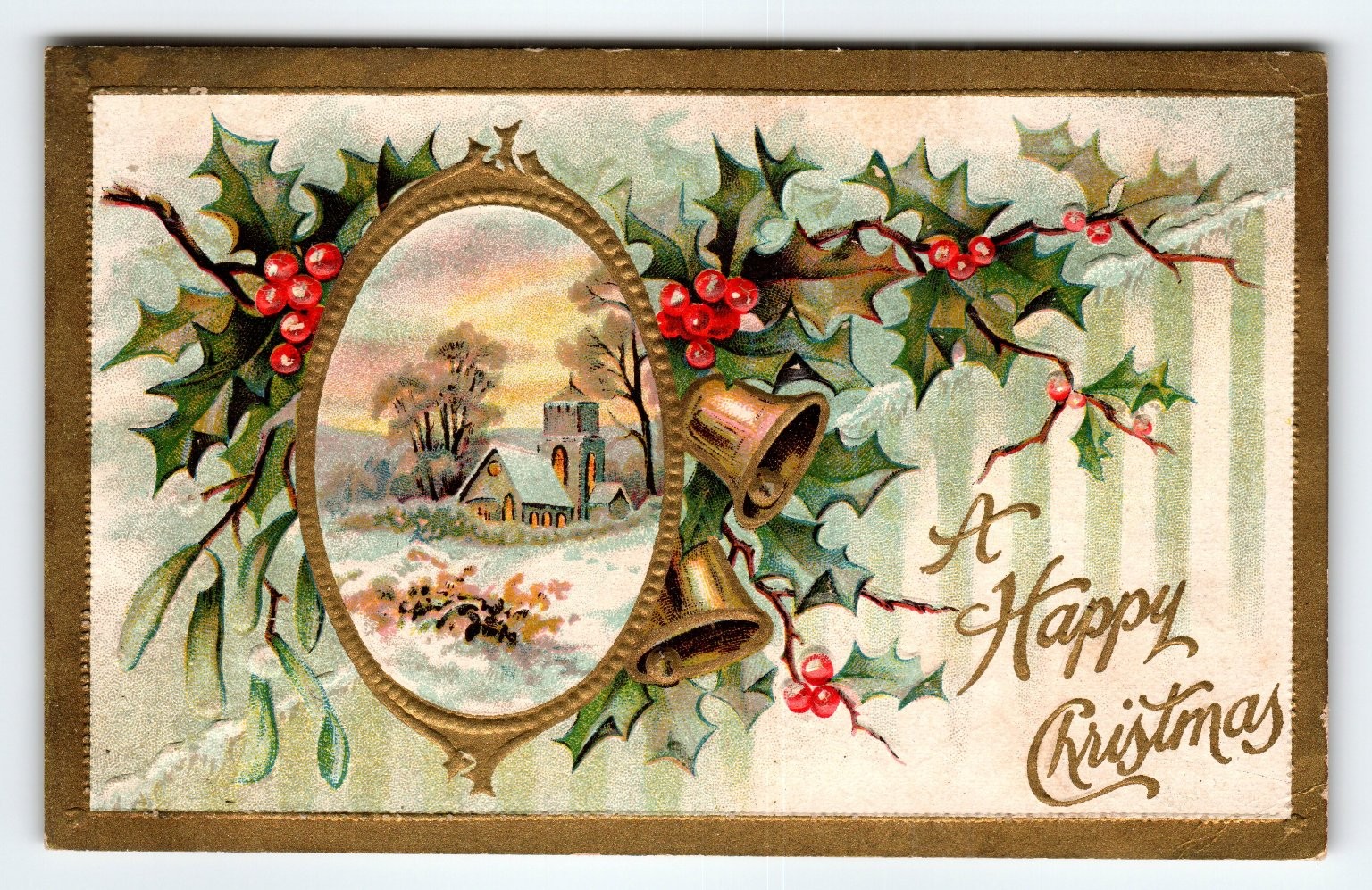 Vintage Embossed Christmas Postcard with Church & Holly Berries