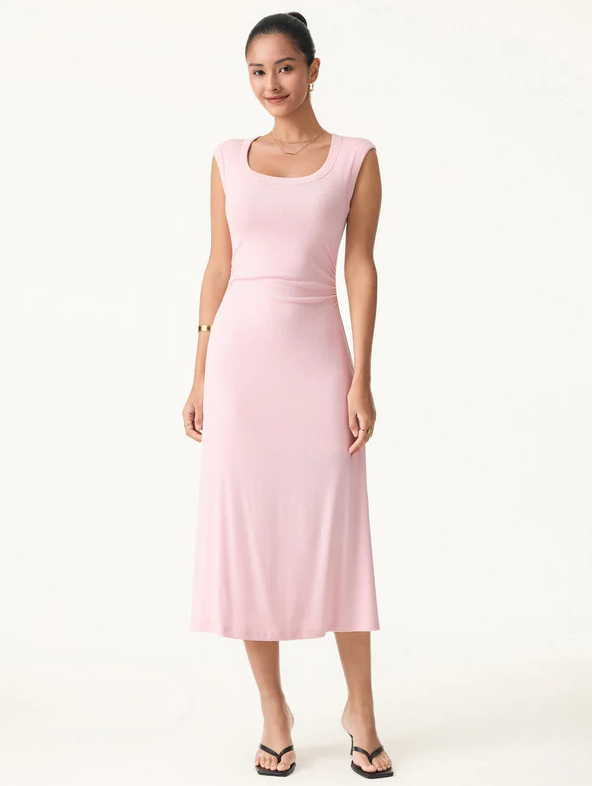 OGL Scoop Neck Side Ruched New Airy Bra Midi Dress, Light Pink (NEW)