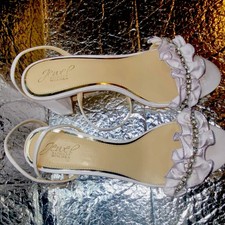 Badgley Mischka White Strappy Block Heels Ruffle Beaded Women Size 9.5