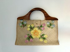 Vintage Straw Purse Flowers Wooden Handle